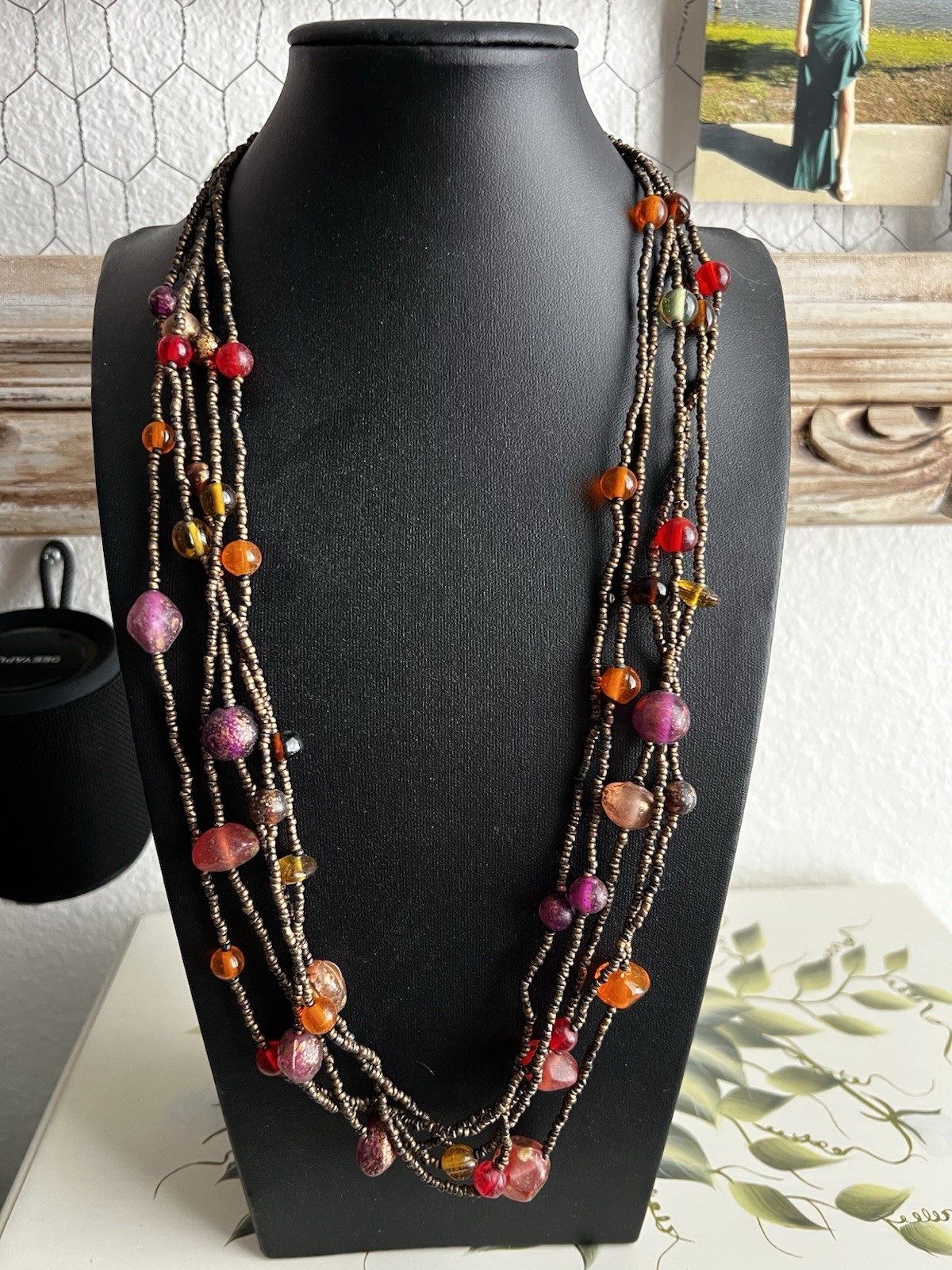 Multi Strand Long Length Necklace Brown Orange Red Glass Bead Fashion Jewelry