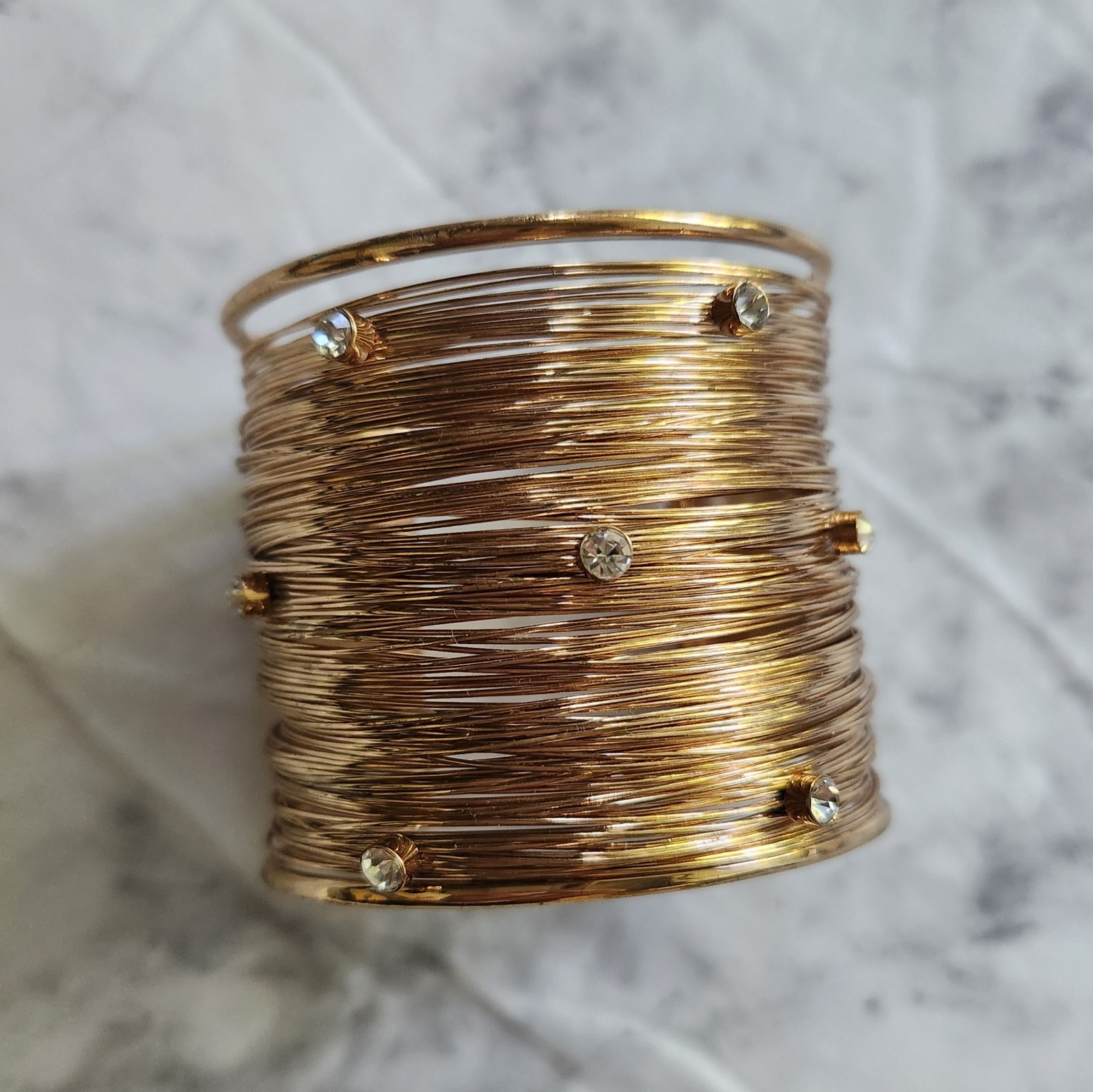 Wide Cuff Multi Strand Wire Bracelet With Rhinestone Gold Tone Embellished