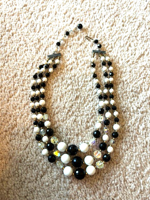 Multi-Strand Statement Necklace Black and White Beads with Clip On Earrings