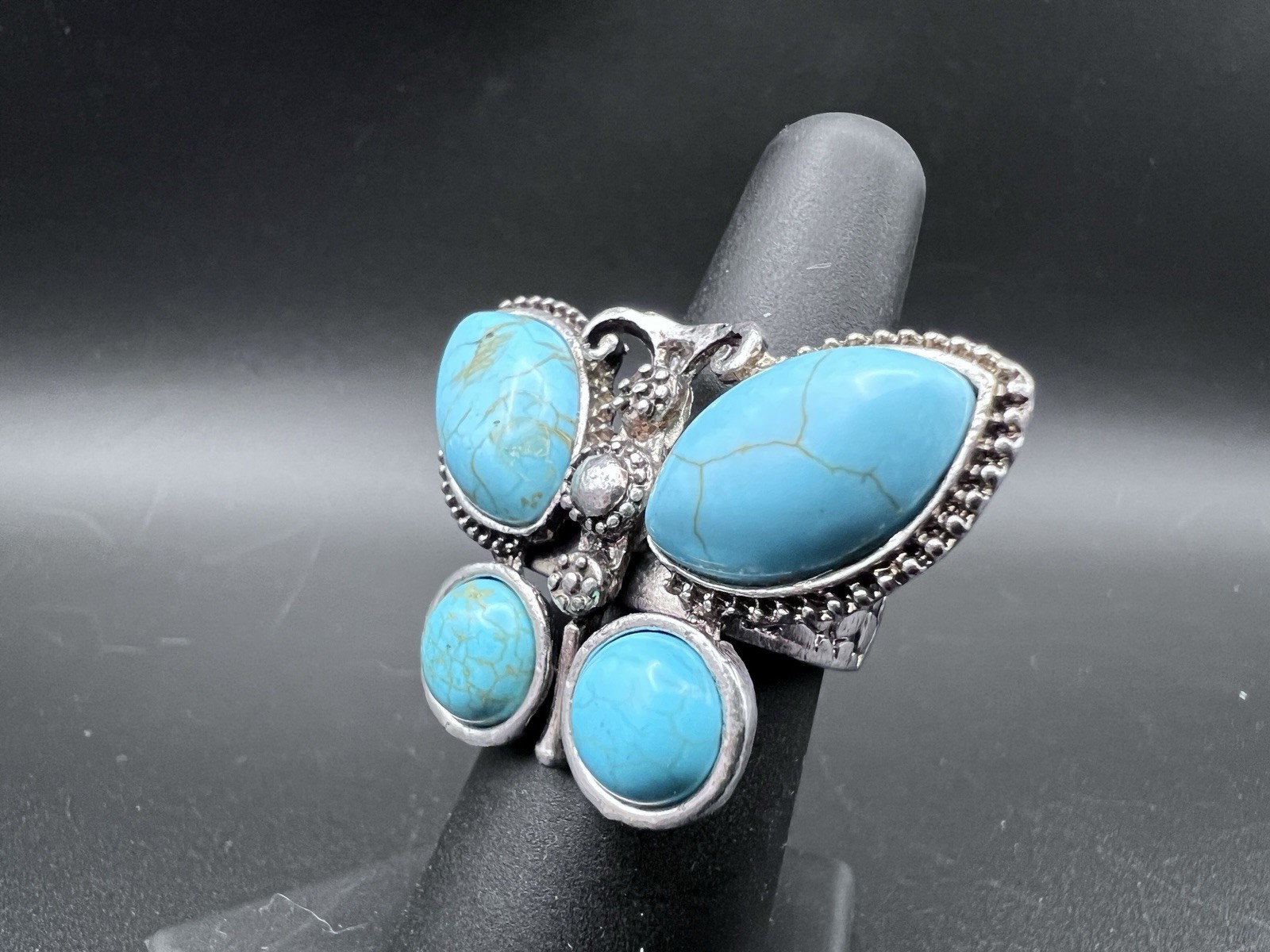 Vintage Butterfly Statement Ring Blue Cabochons Silver Tone Size 6.5