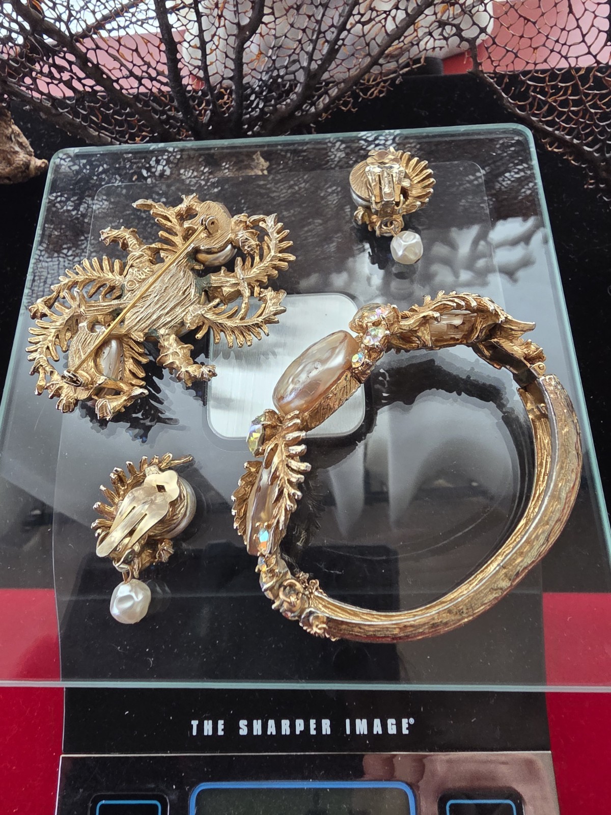 SIGNED HAR Dragon Tooth Fx Pearl AB Rhinestone Brooch. Bracelet. Earrings Set!