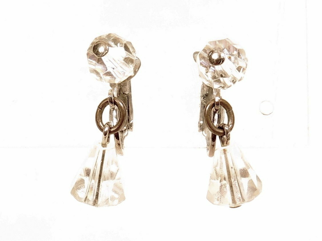 Vintage Trapezoid Clear Crystal Dangle Silver Clip-On Drop Earrings