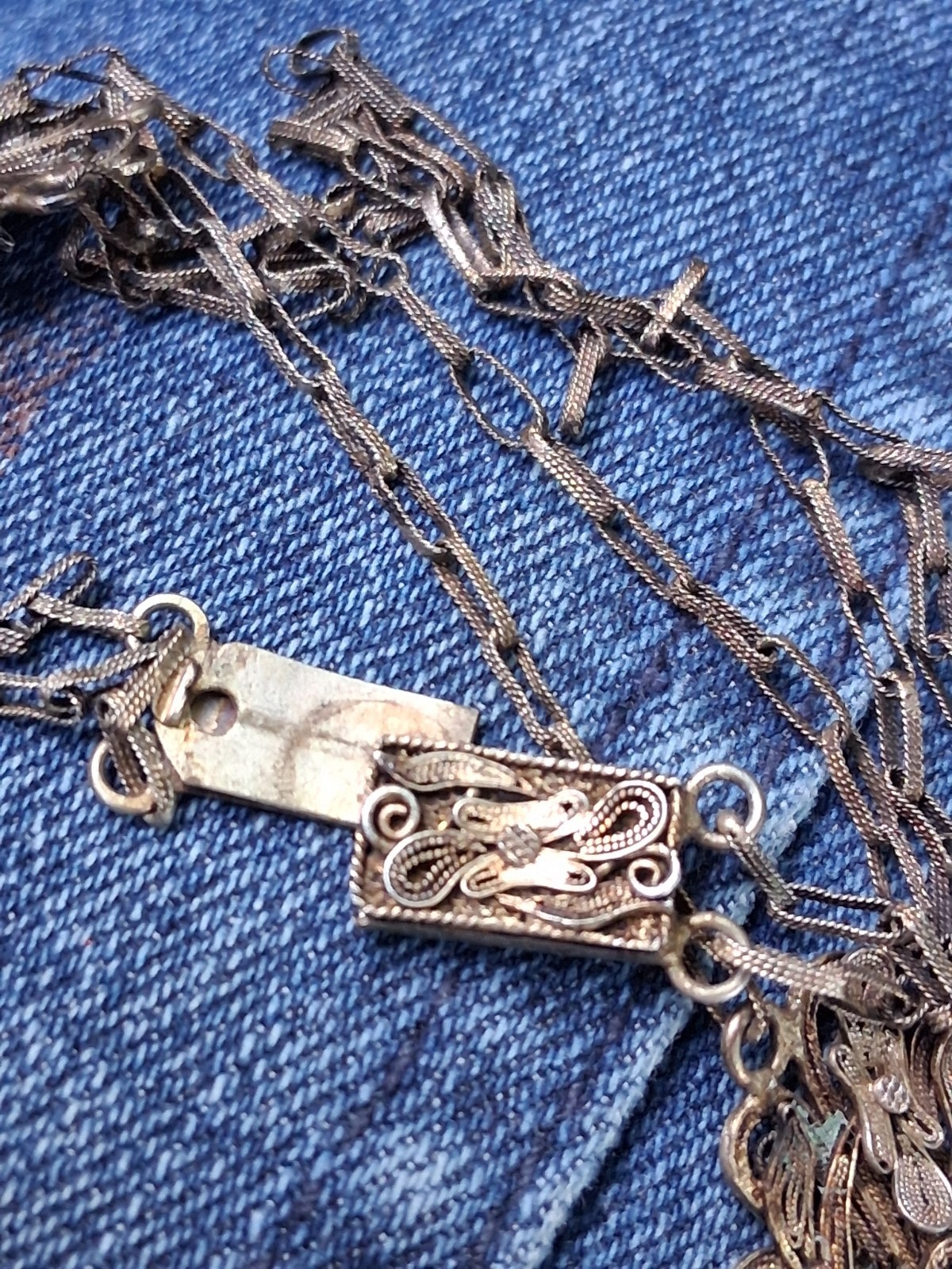 Rare Refined Art Deco Chinese Export Filigree Necklace Spade Money YAN