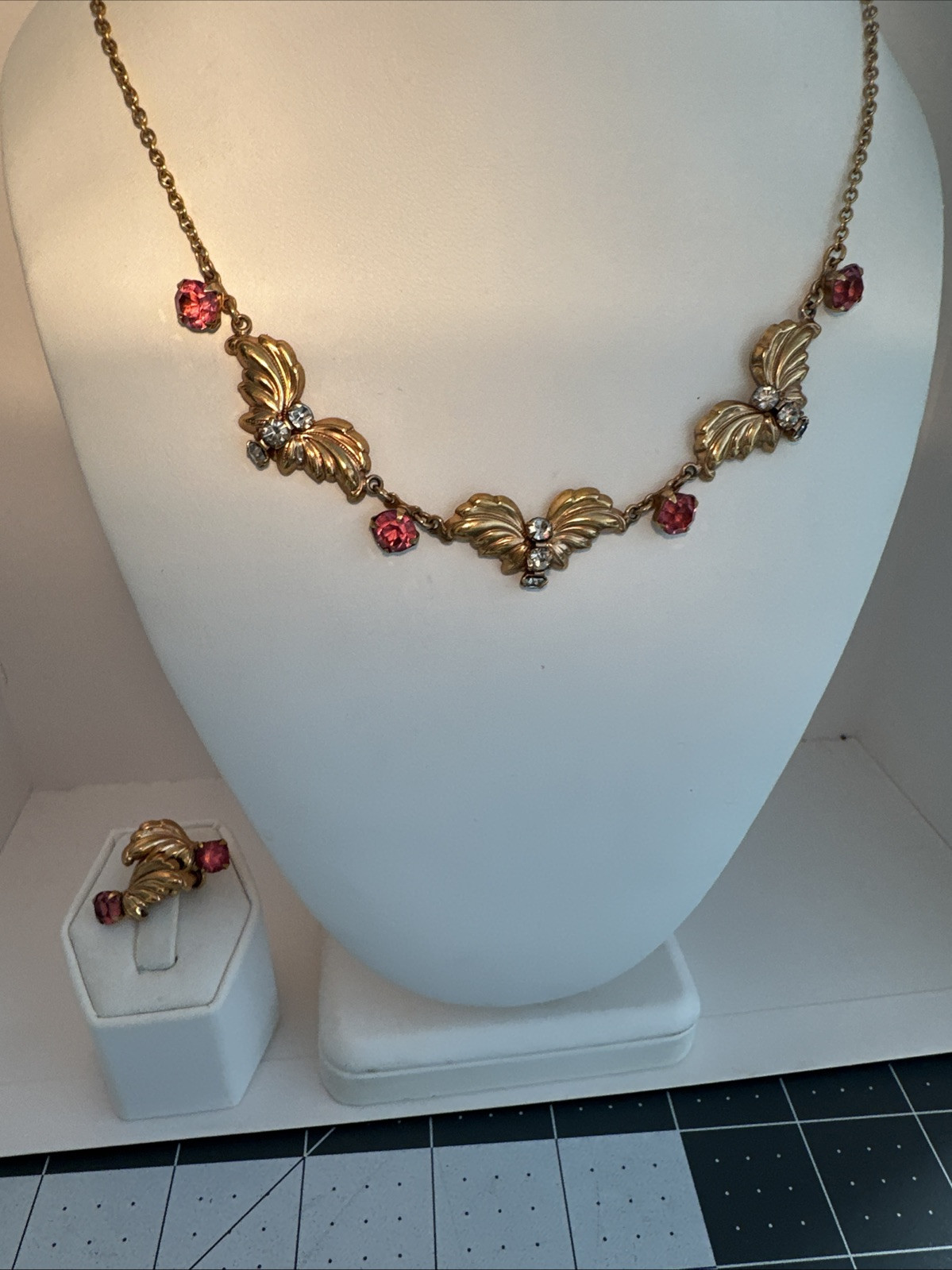 Vintage AMCO Pink Crystal 10k Gold Filled Necklace & Earrings