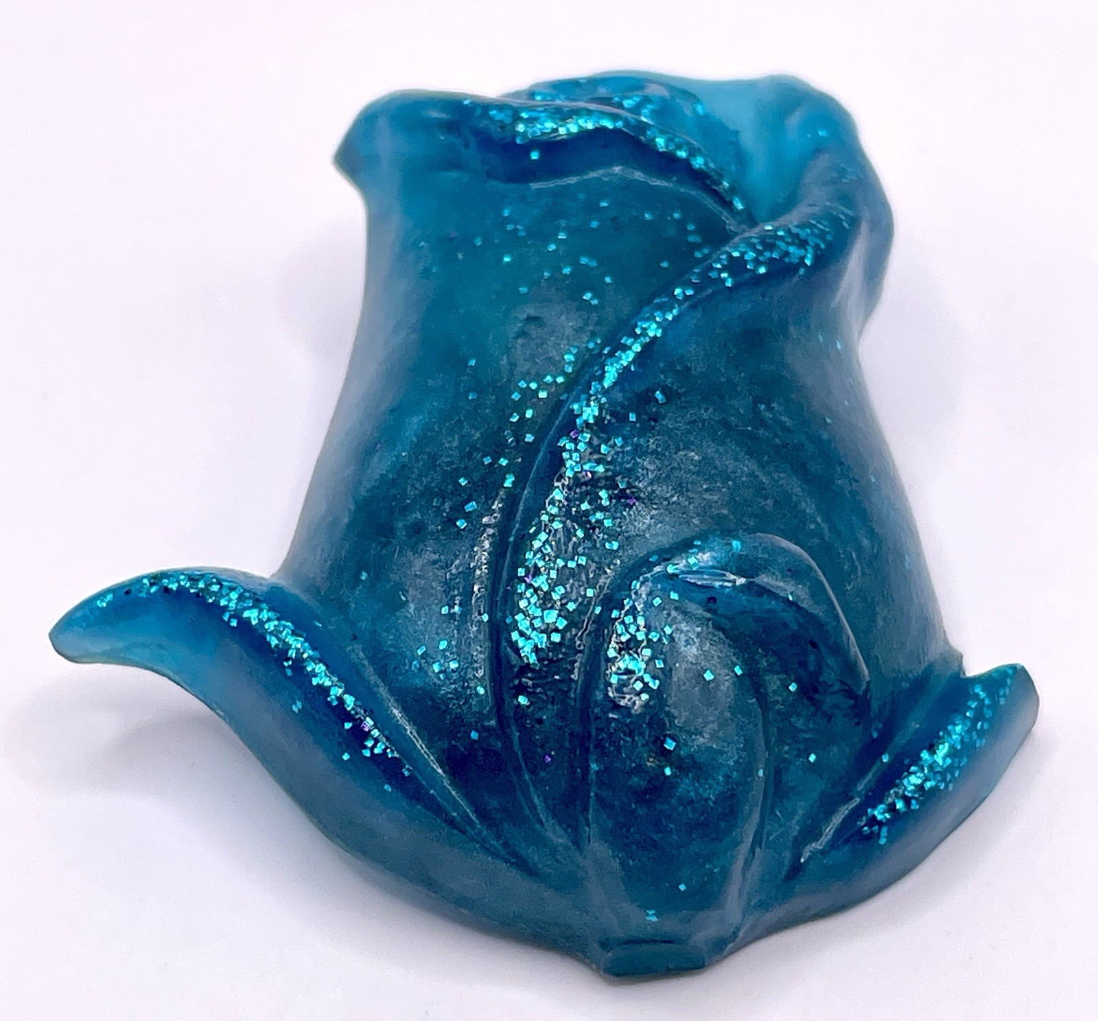 Handcrafted Resin Translucent Glitter Embedded Blue Rose Flower Pin Brooch 2″