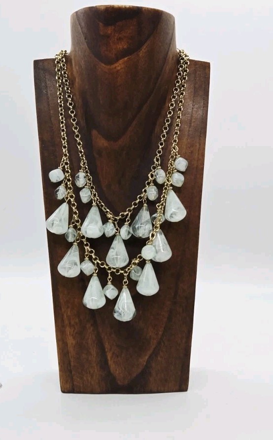 Green Marbled Charm Necklace Dangle Layered Lucite Gold tone Couture 18 in