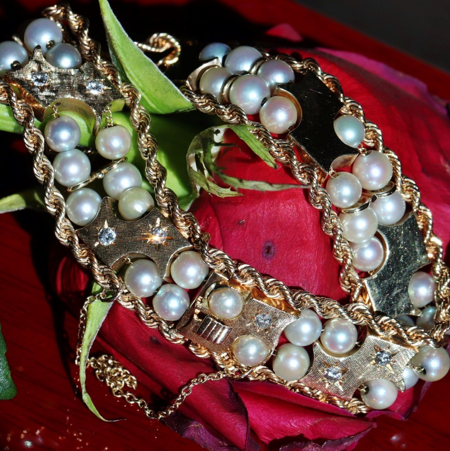 14k yellow gold bracelet 5-5.5mm cultured pearl 0.5ct diamond 7.5″ antique 43.0g