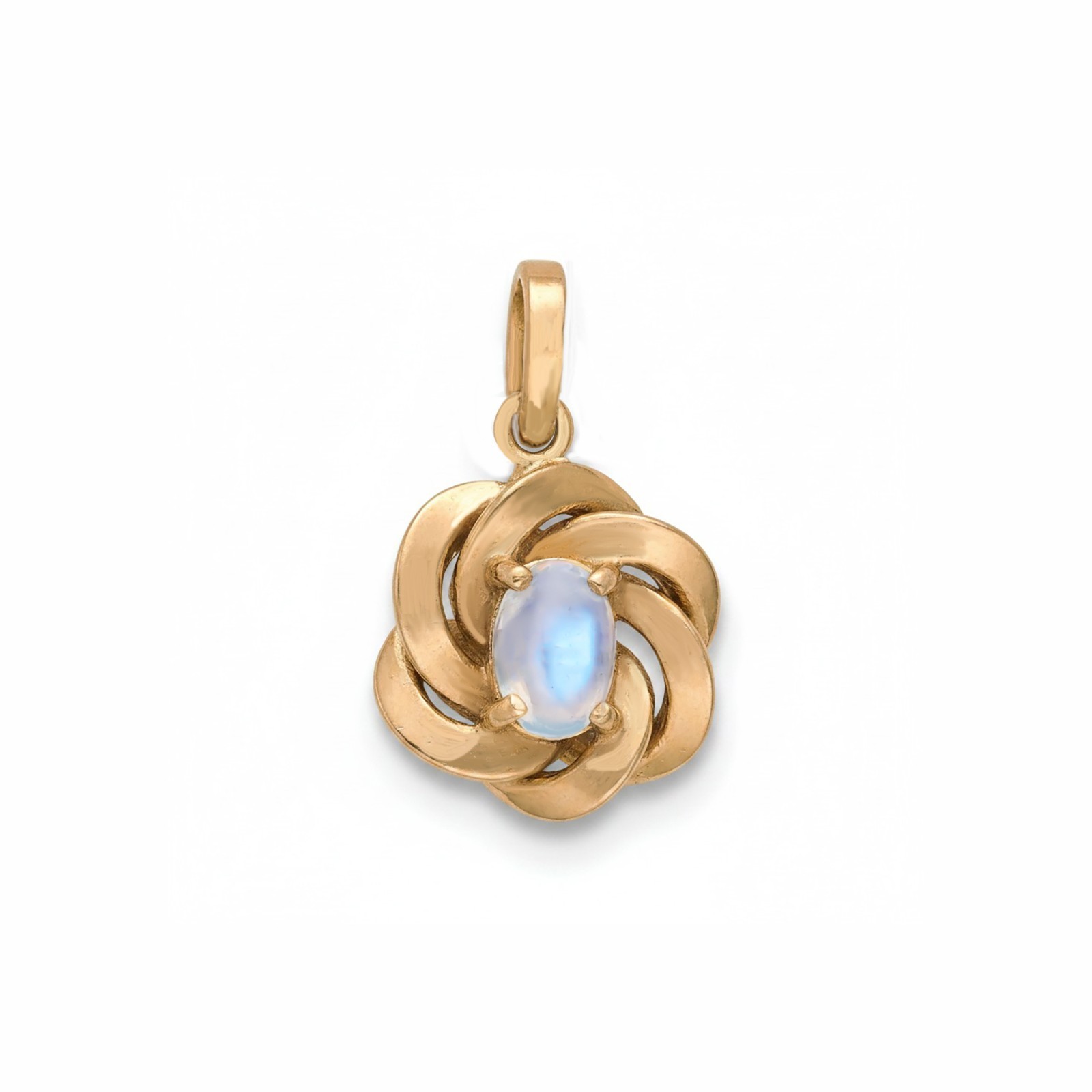 Edwardian Ceylon Blue Moonstone Love Knot 14k Gold Pendant, Antique Gold Charm