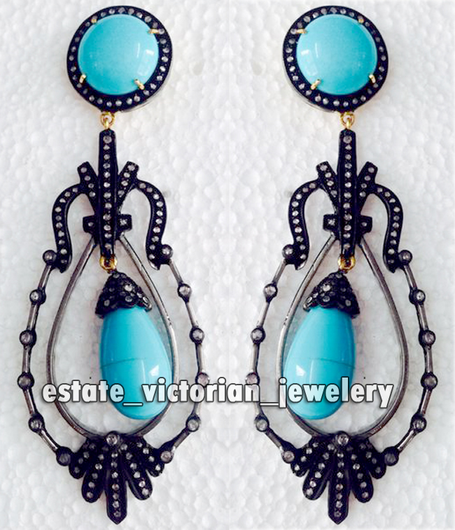 Estate 2.65Ctw Rose Cut Diamond Turquoise Studded Silver Amazing Earring Jewelry