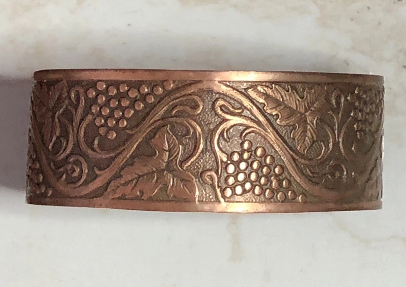 Art Nouveau Style Vintage Solid Copper Cuff Bracelet With Grapes & Leaves Design