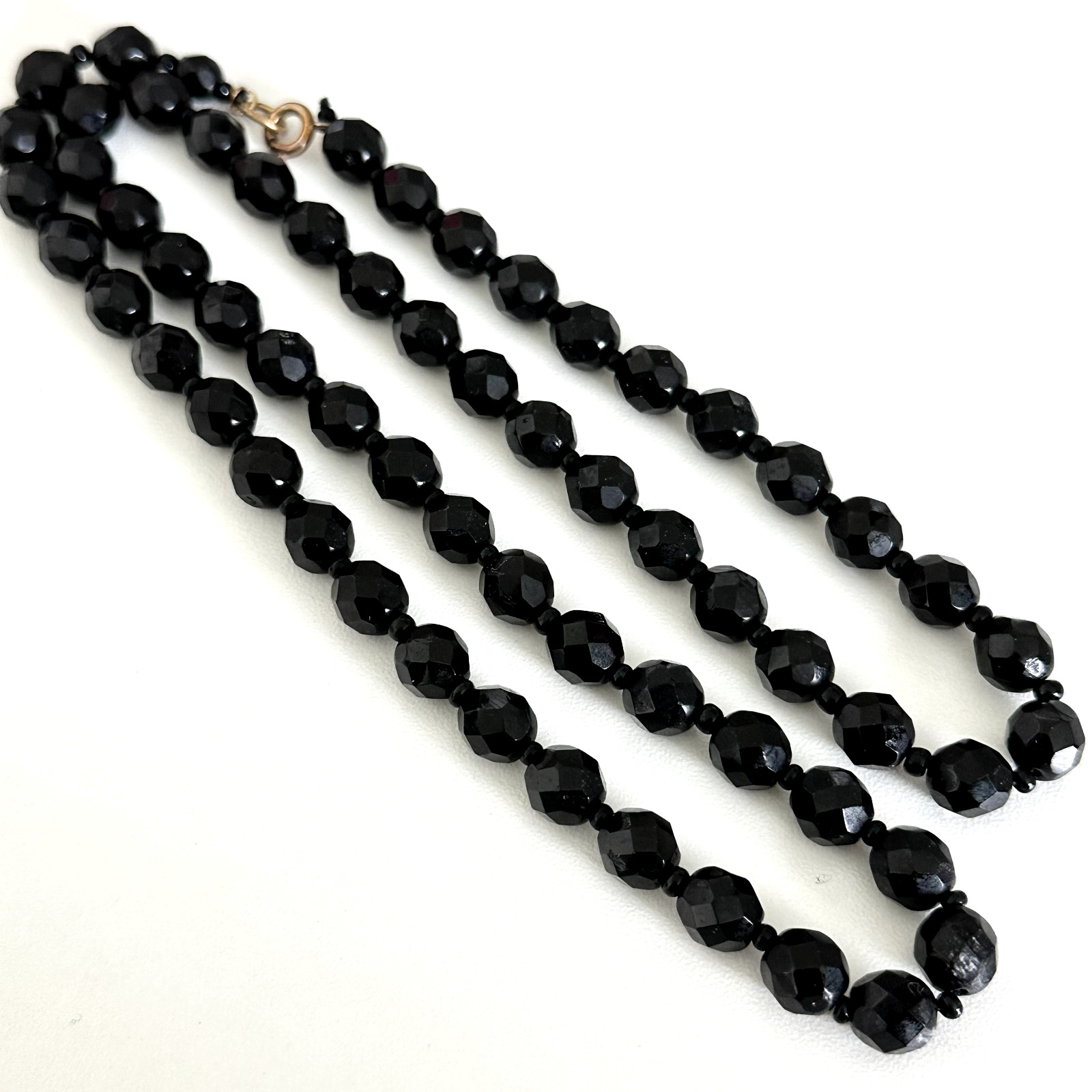 Vintage Jet Black Faceted Crystal Beaded Statement Strand Necklace 24″