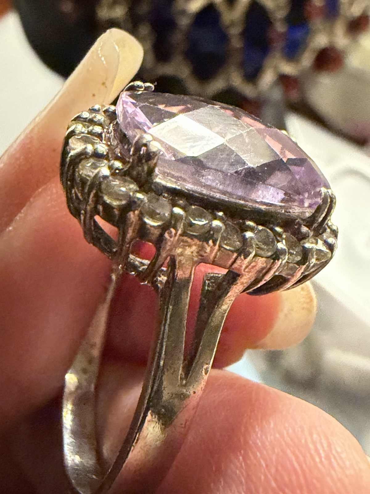 Faceted Amethyst White Topaz Ring 925 Sterling Silver Vintage Sz 9-3/4”