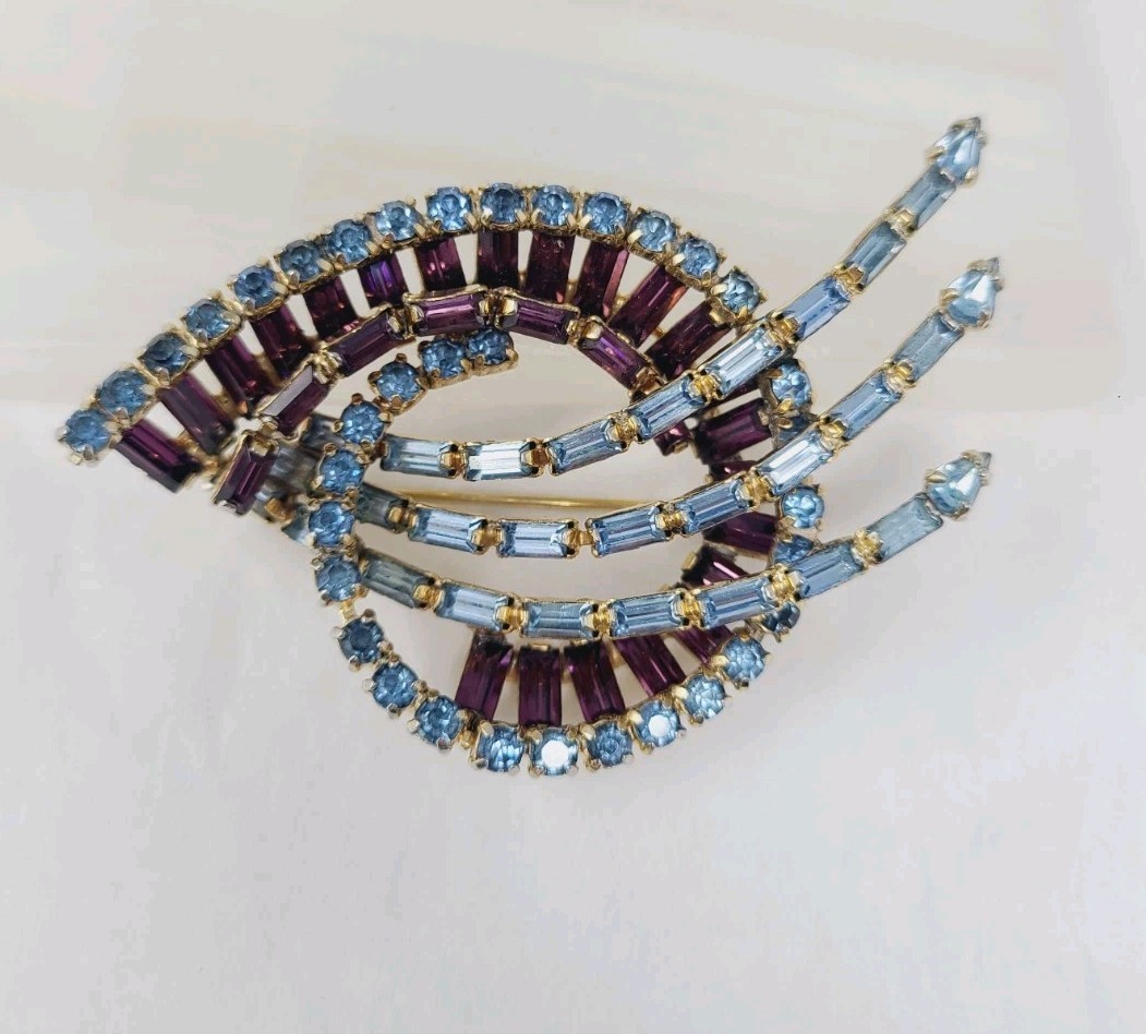 Kramer of New York Baguette Rhinestone Brooch Pin & Earrings Set Purple Blue