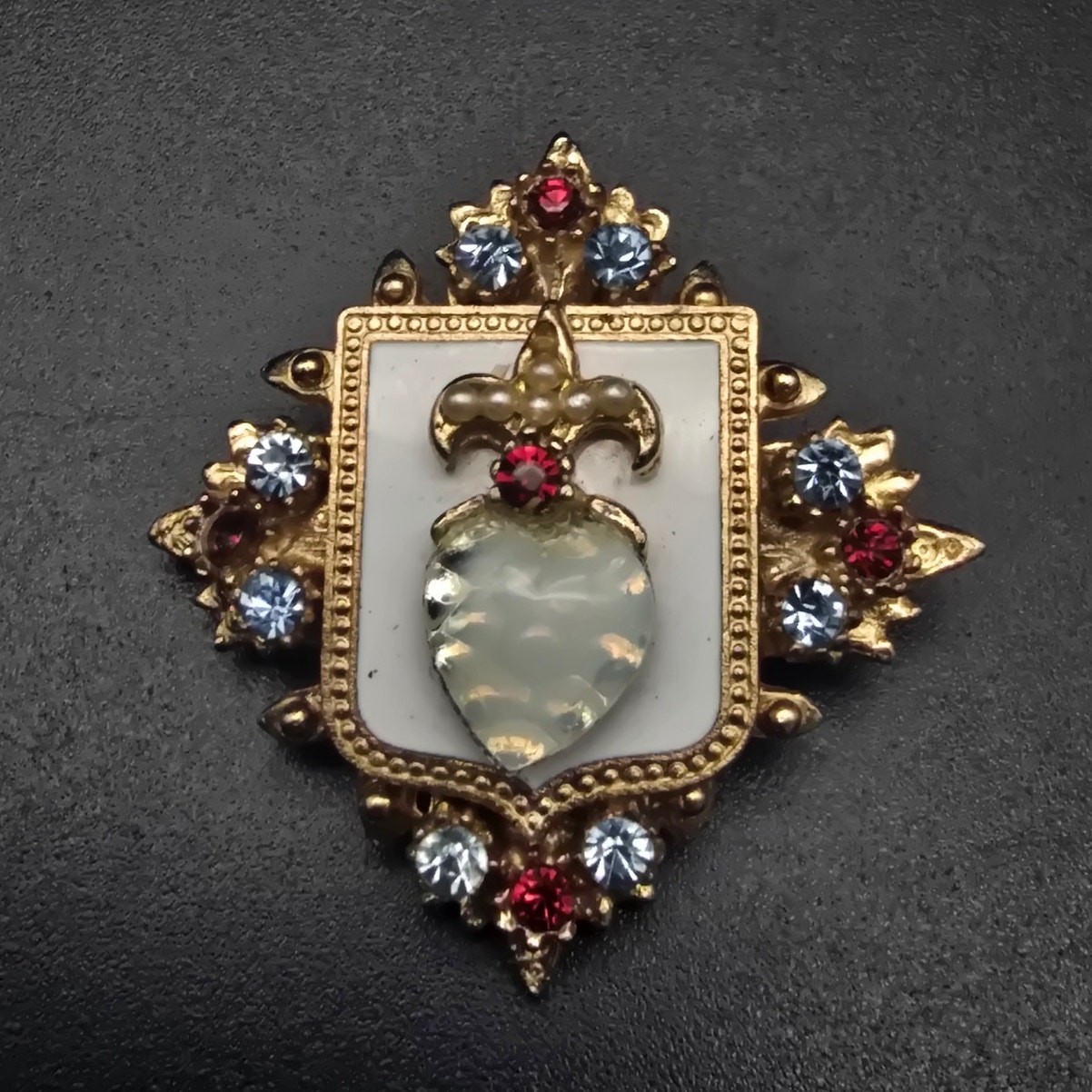 Vintage Rhinestone Shield Brooch Gold Tone Regal Royal Costume Jewelry