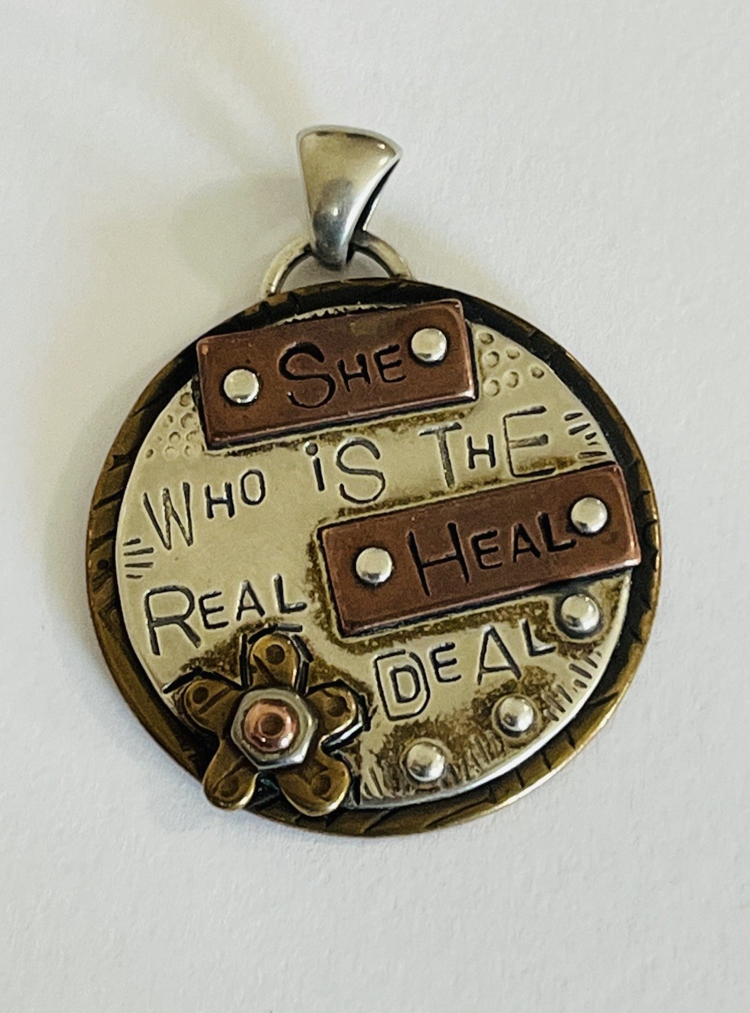 Vintage Sterling Silver Copper Healer Quote Etched Pendant 10-Grams