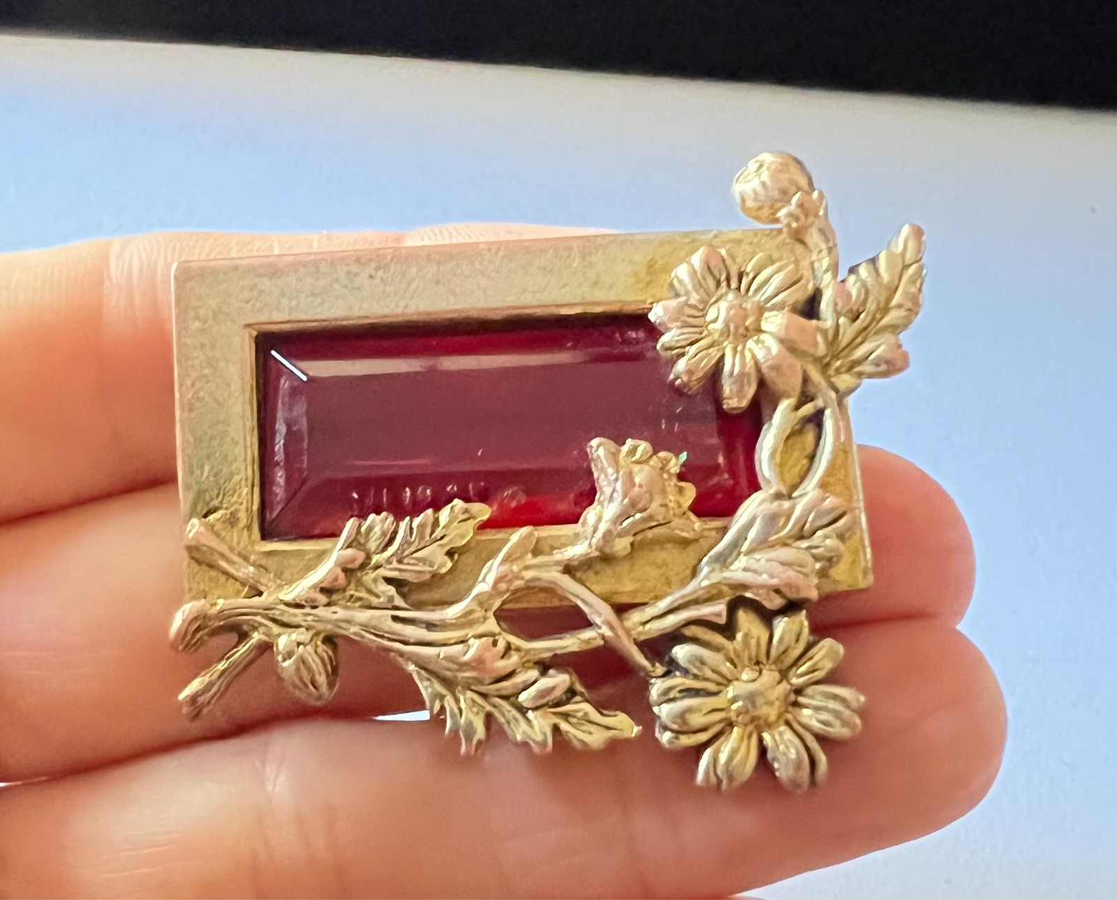 c1980s Authentic Vintage KENZO Paris Designer Deep Red Crystal Flower Brooch