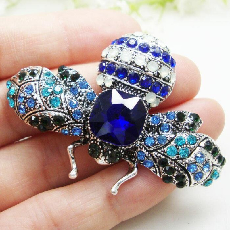Vintage Blue Bee Insect Gold-tone Woman Brooch Pin Corsage Crystal Rhinestone