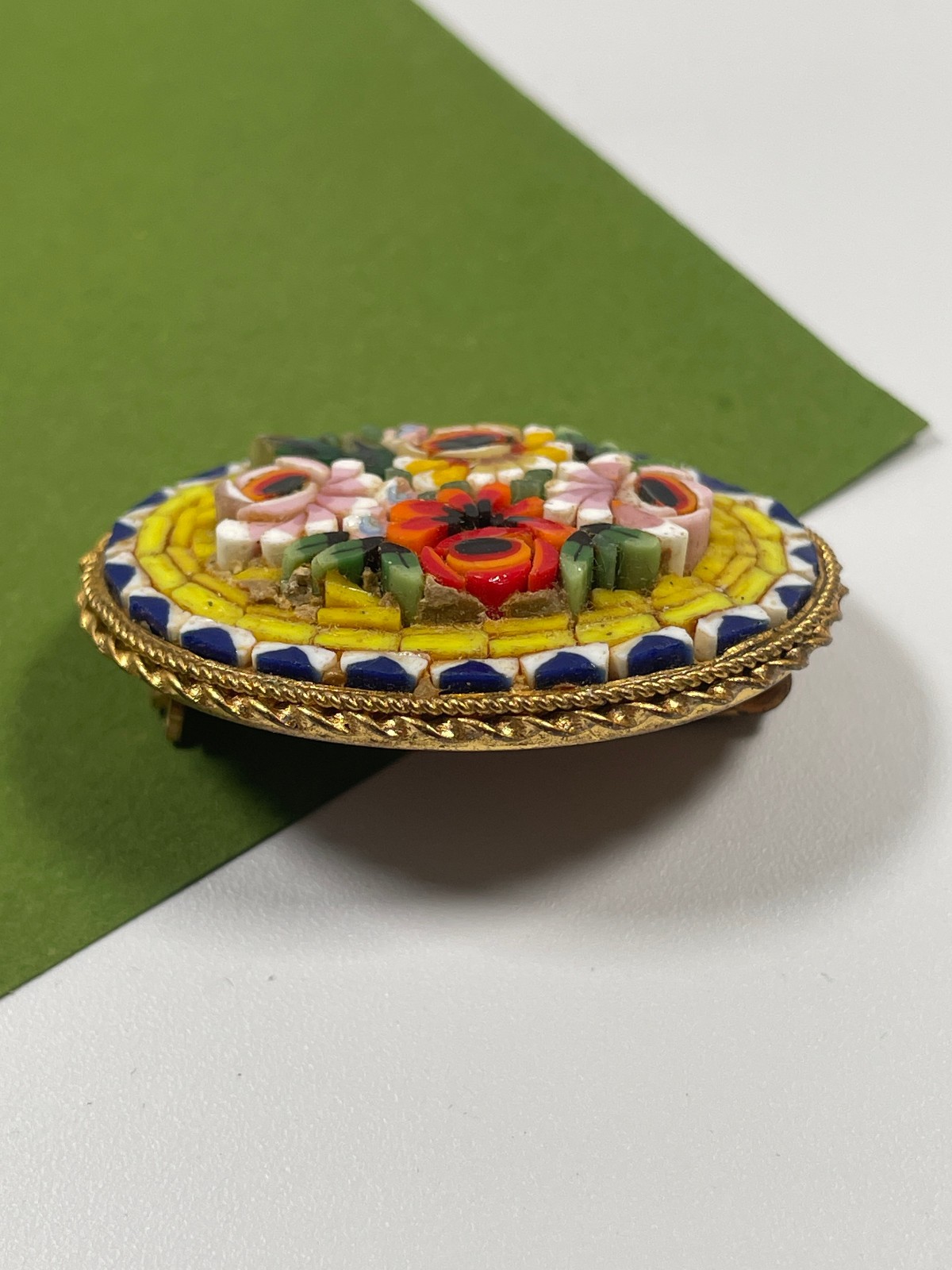 Vintage Italian Micro Mosaic Pin Brooch Flowers Roses Jewelry Italy