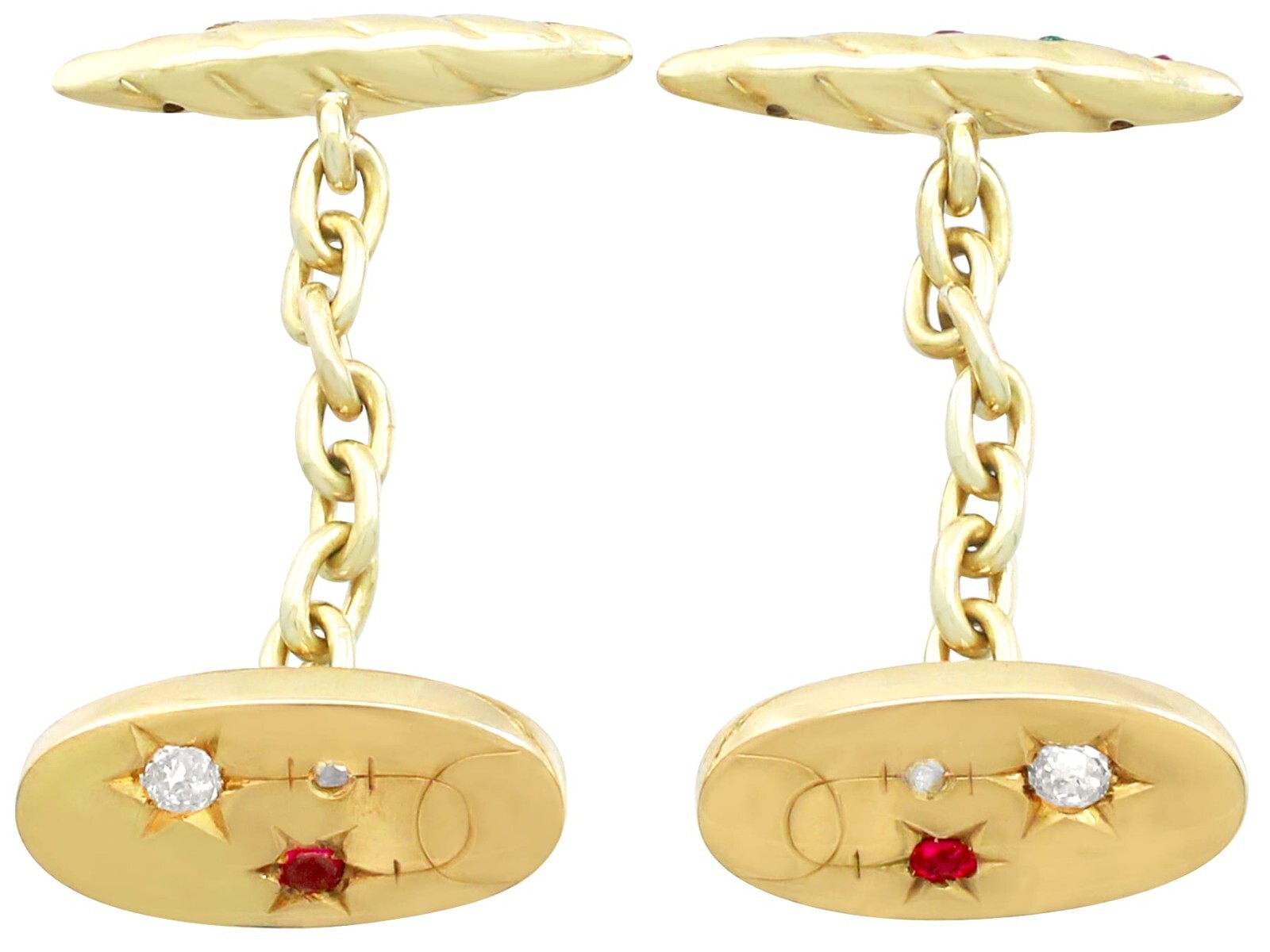 0.16 Ct Ruby & 0.06 Ct Emerald 0.08 Ct Diamond & 14k Yellow Gold Cufflinks 1910s