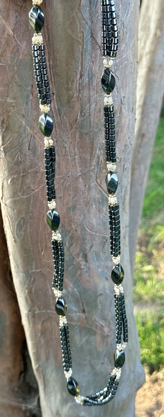 Vintage Hematite Rice Pearl Beaded Station Necklace Gray White Necklace