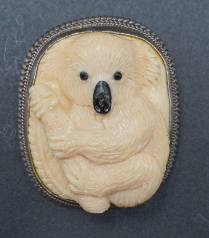Vintage Sterling Silver Hand Carved Koala Bear Pendant Pin Broach