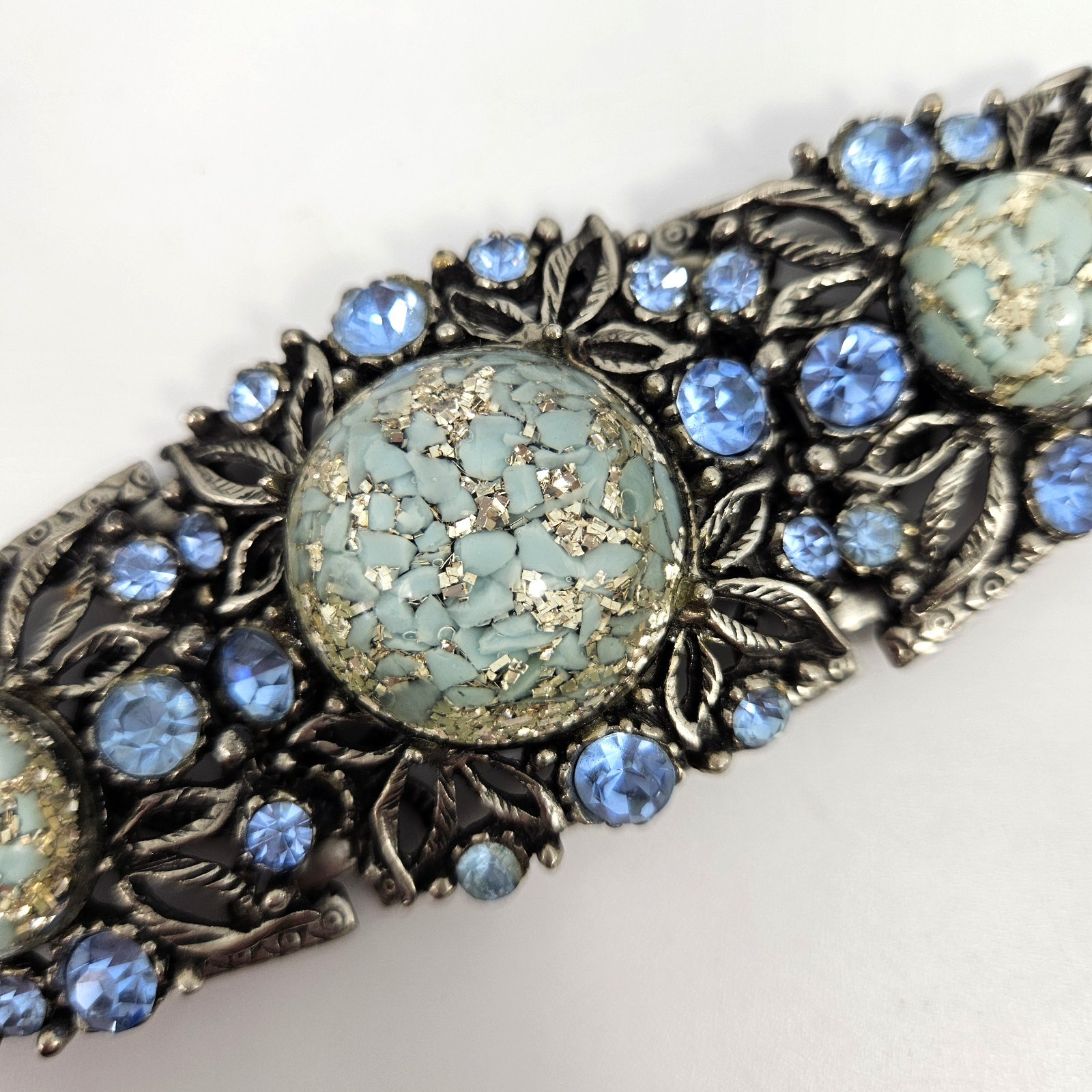 Vintage Blue Rhinestone Confetti Resin Cabochon Bracelet Earrings