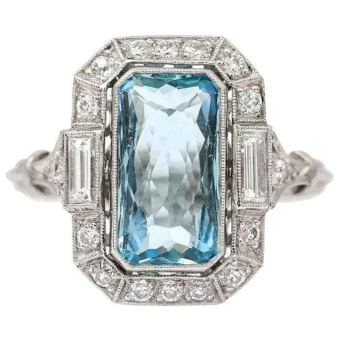 4Ct Art Deco Style Lab-Created Aquamarine Diamond Wedding 14K White Gold FN Ring