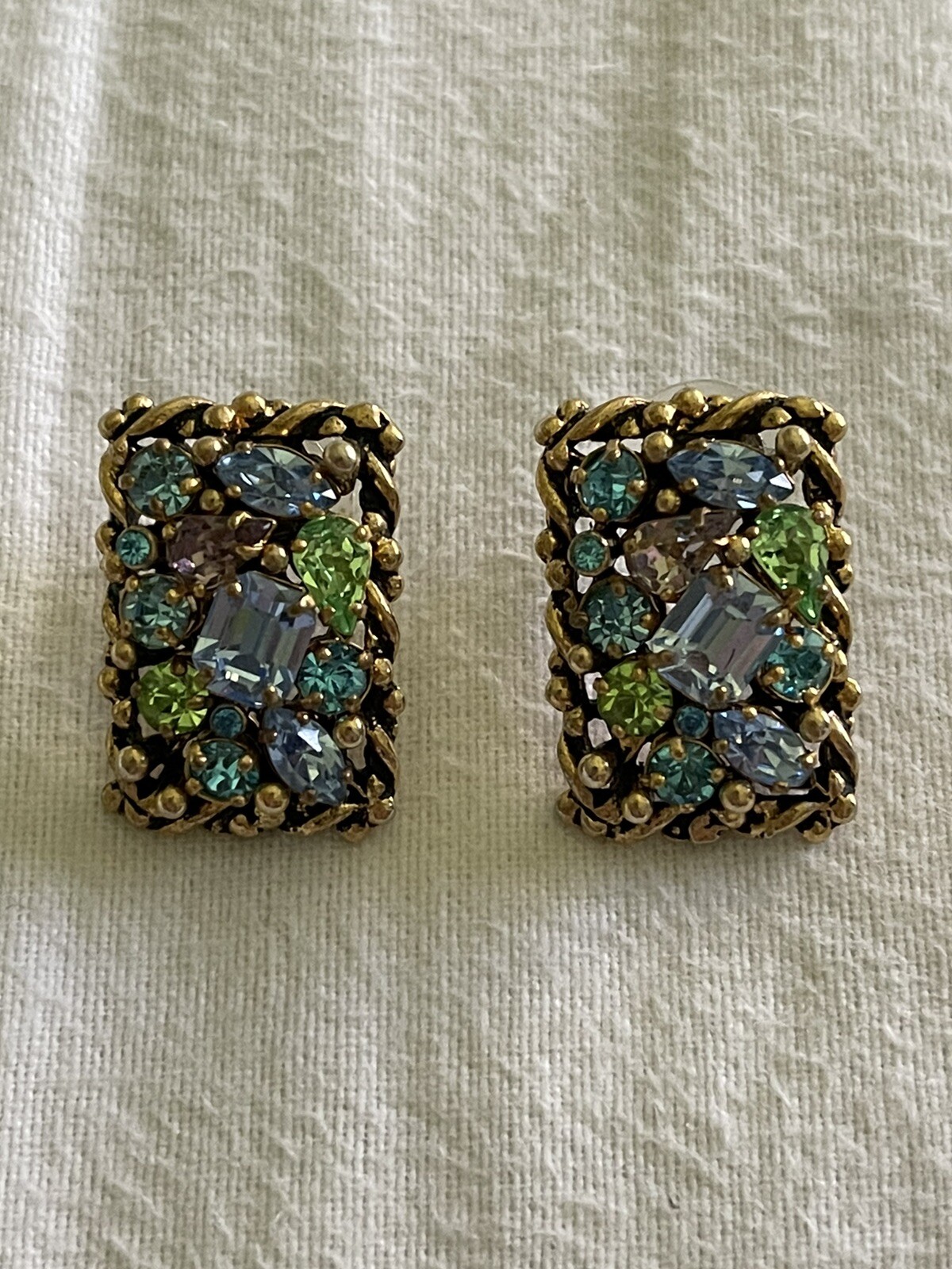 Vintage Gold Color with Gemstones Rectangle Push Back Earrings