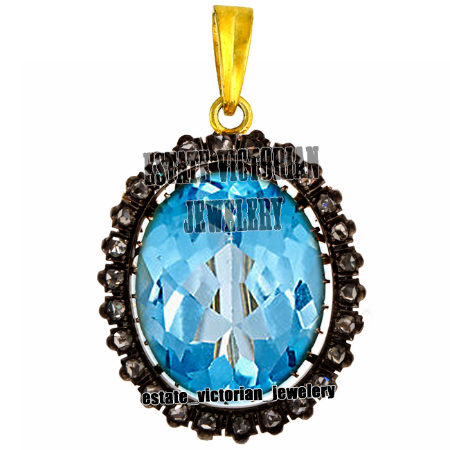 Amazing 0.98ctw Rose Cut Diamond Blue Topaz Silver Vintage Style Pendant Jewelry