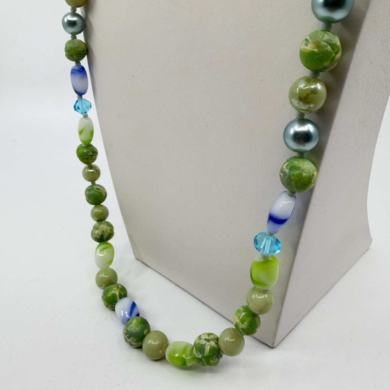 Green & Blue Bead Statement Necklace Boho Layering Jewelry Unique Beachy Gift