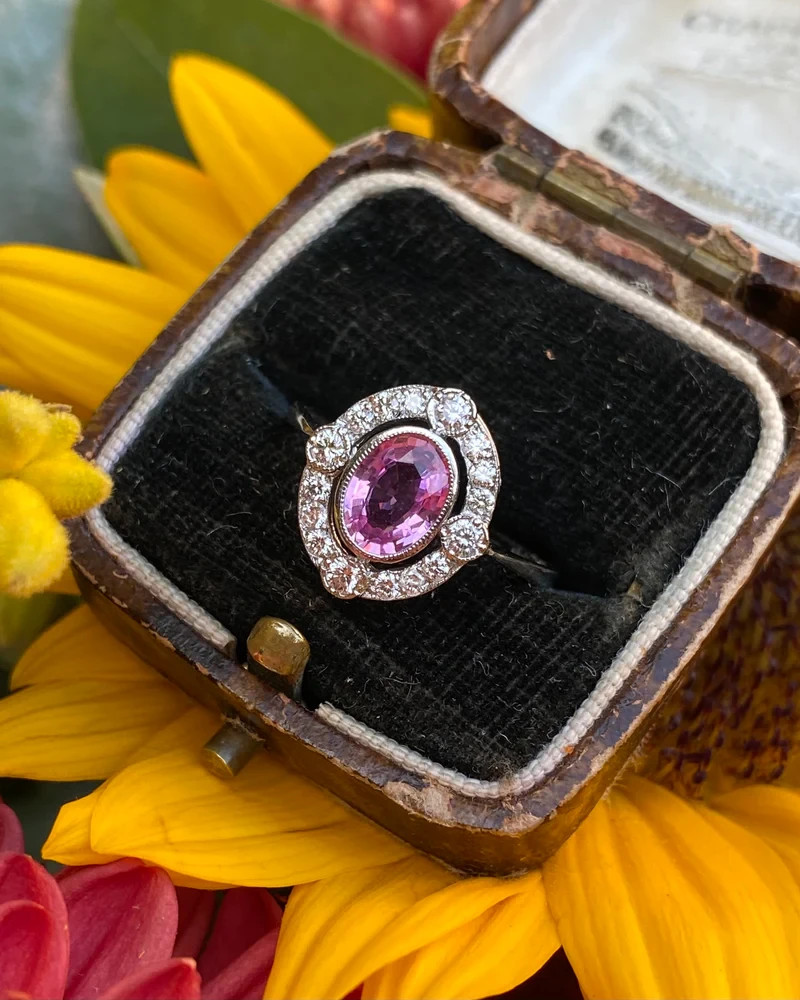 Vintage Art Deco Pink Sapphire Ring Diamond Halo Engagement Ring 925