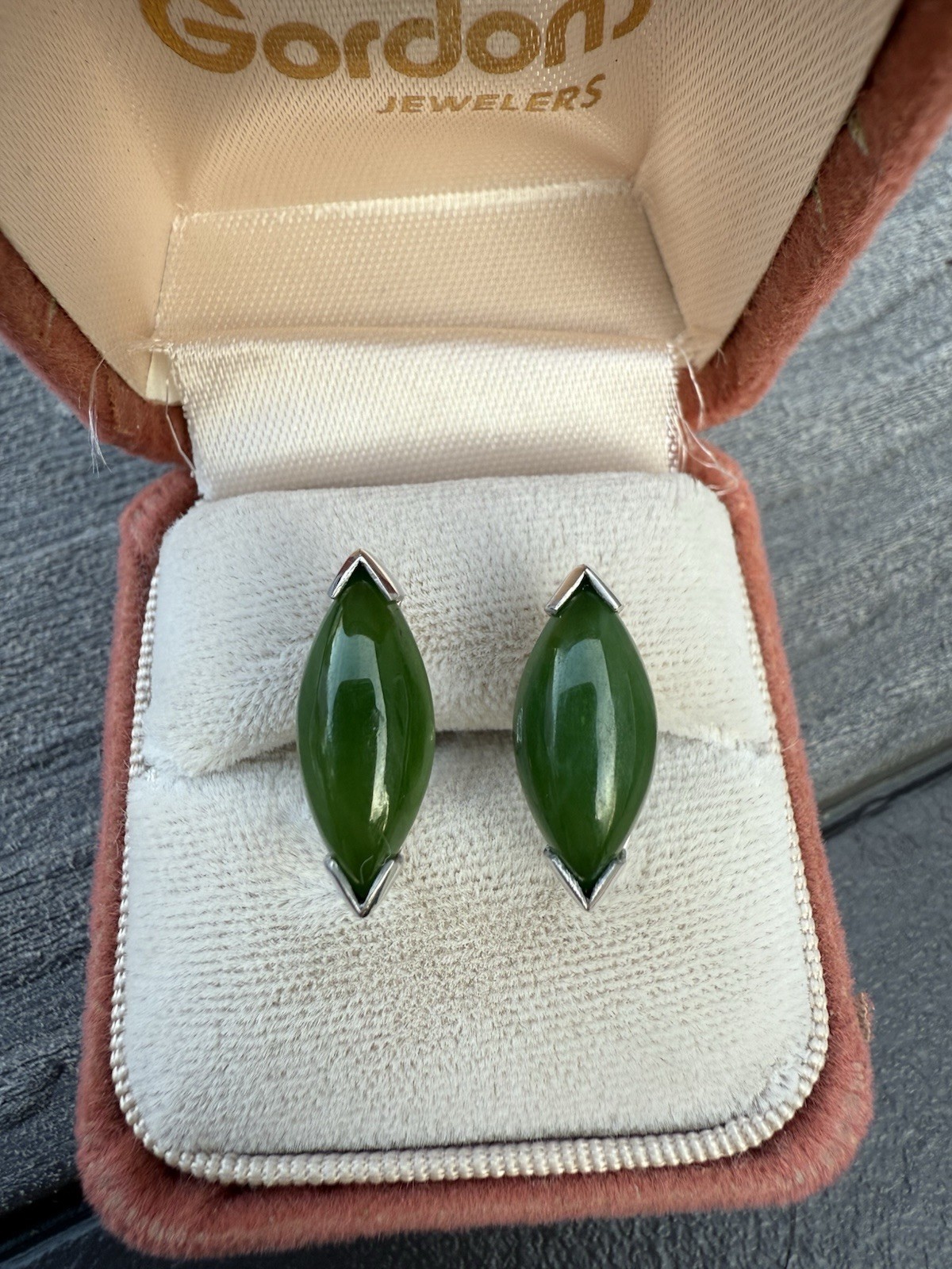 Vintage MCM 14k White Gold Retro Marquise Nephrite Jade Screw Back Earrings 4gm