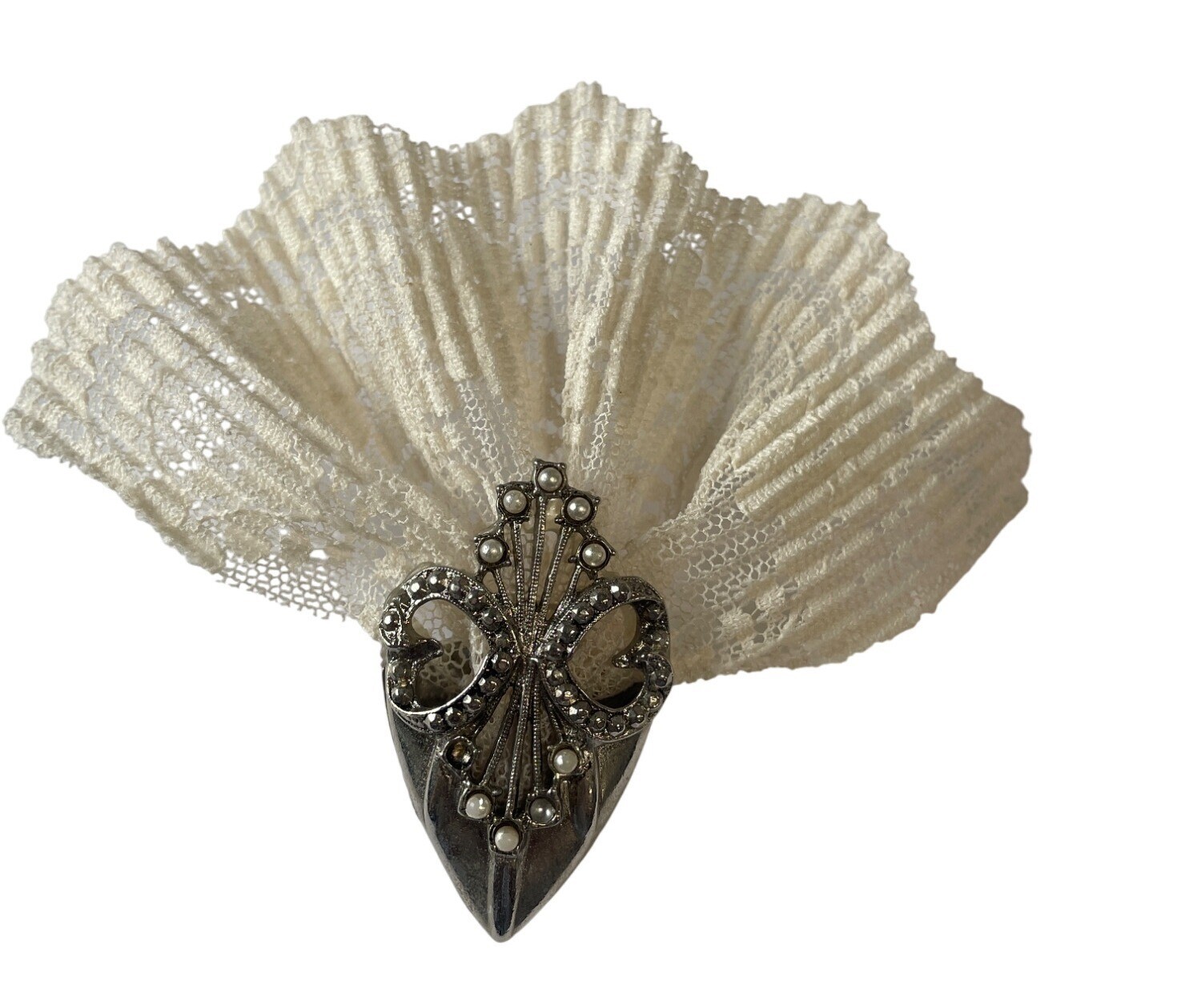 Victorian Silver-Tone Brooch Pearls Rhinestones on Cream Lace Pinback Vintage