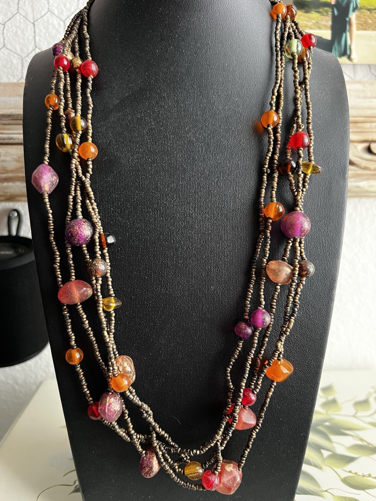 Multi Strand Long Length Necklace Brown Orange Red Glass Bead Fashion Jewelry