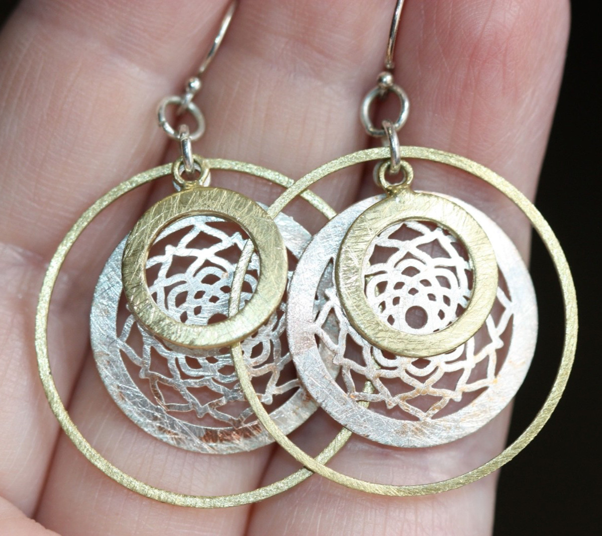 Silver Gold & Copper Tone Dangle Drop Hoop Pierced Earrings