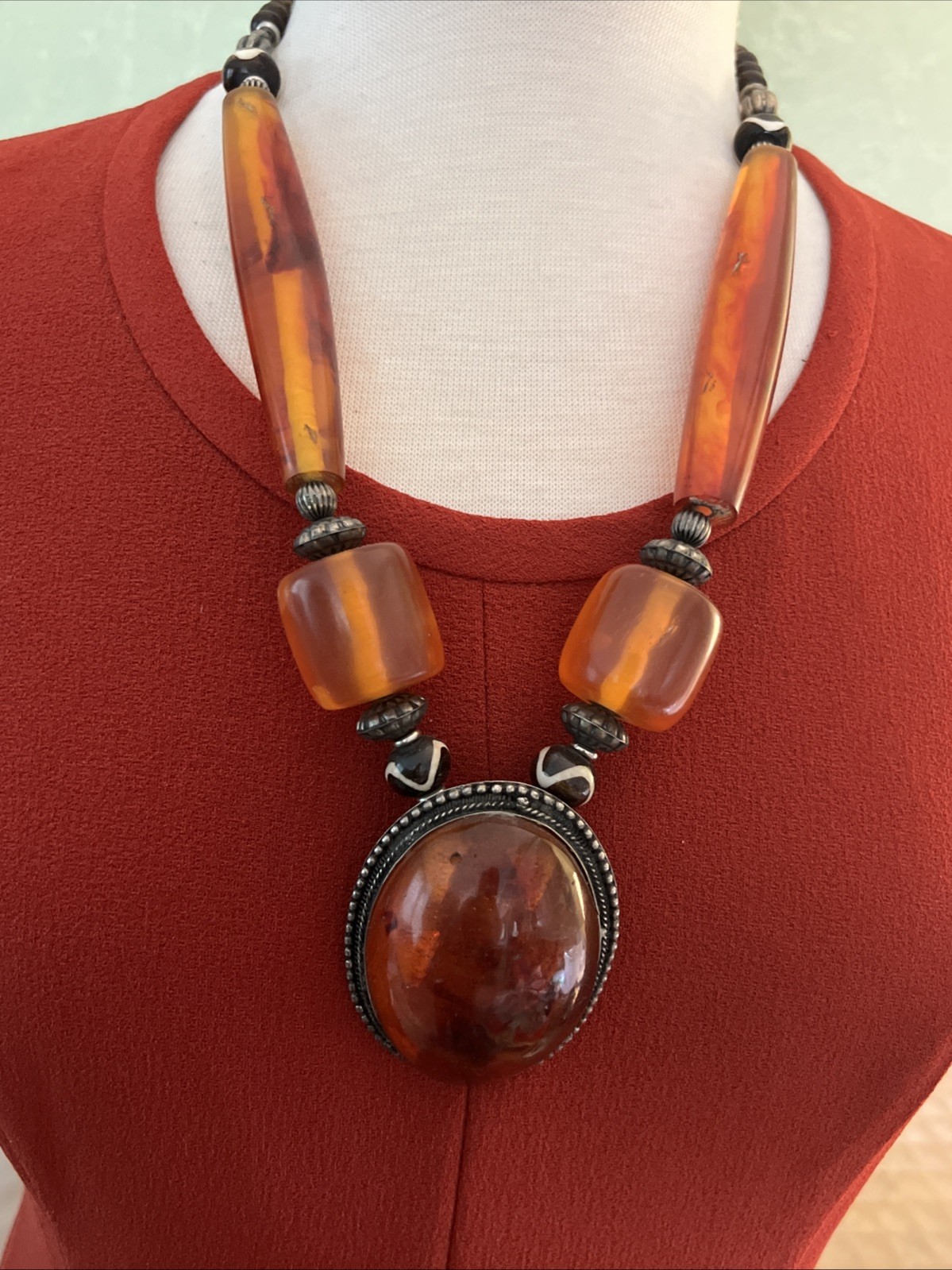 Huge Vintage Tribal Statement Necklace – Faux Amber Resin Beads & Dzi Accents