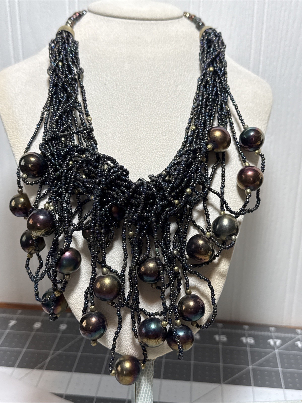 Vintage Imitation Pearl Blue Peacock Seed Bead 20 Multi Strands Choker Necklace