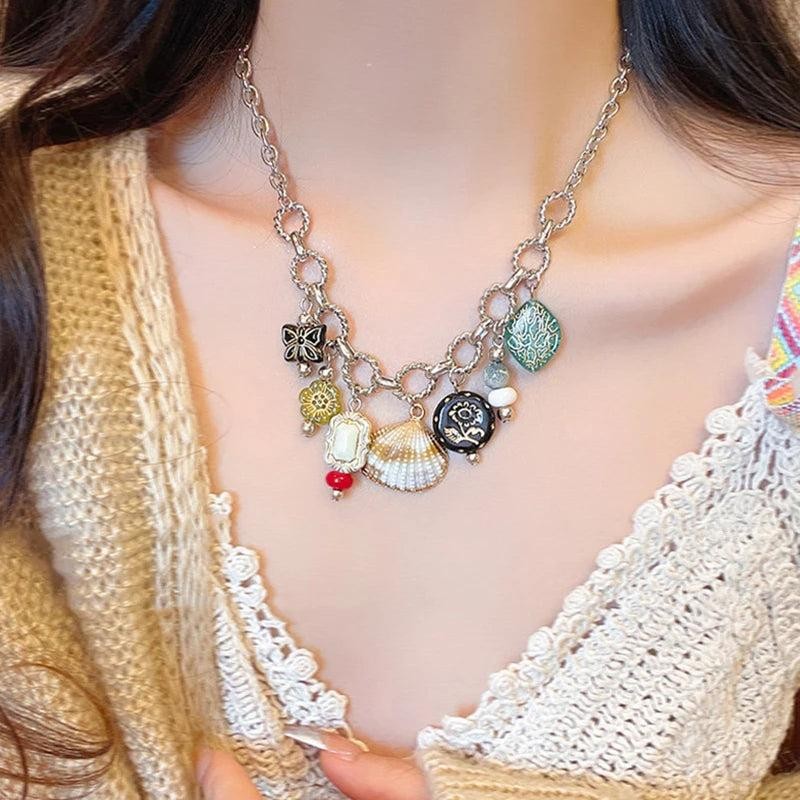 Vintage Zinc Alloy Rhinestone Butterfly Shell Choker Necklace with Tassel