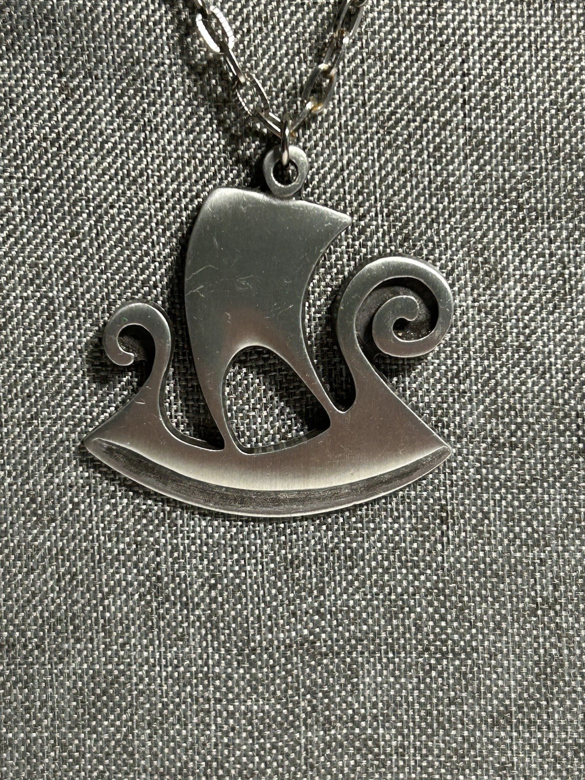 Vintage Pewter Rune Tennesmed Sweden Viking Ship Pendant Necklace 18” Chain
