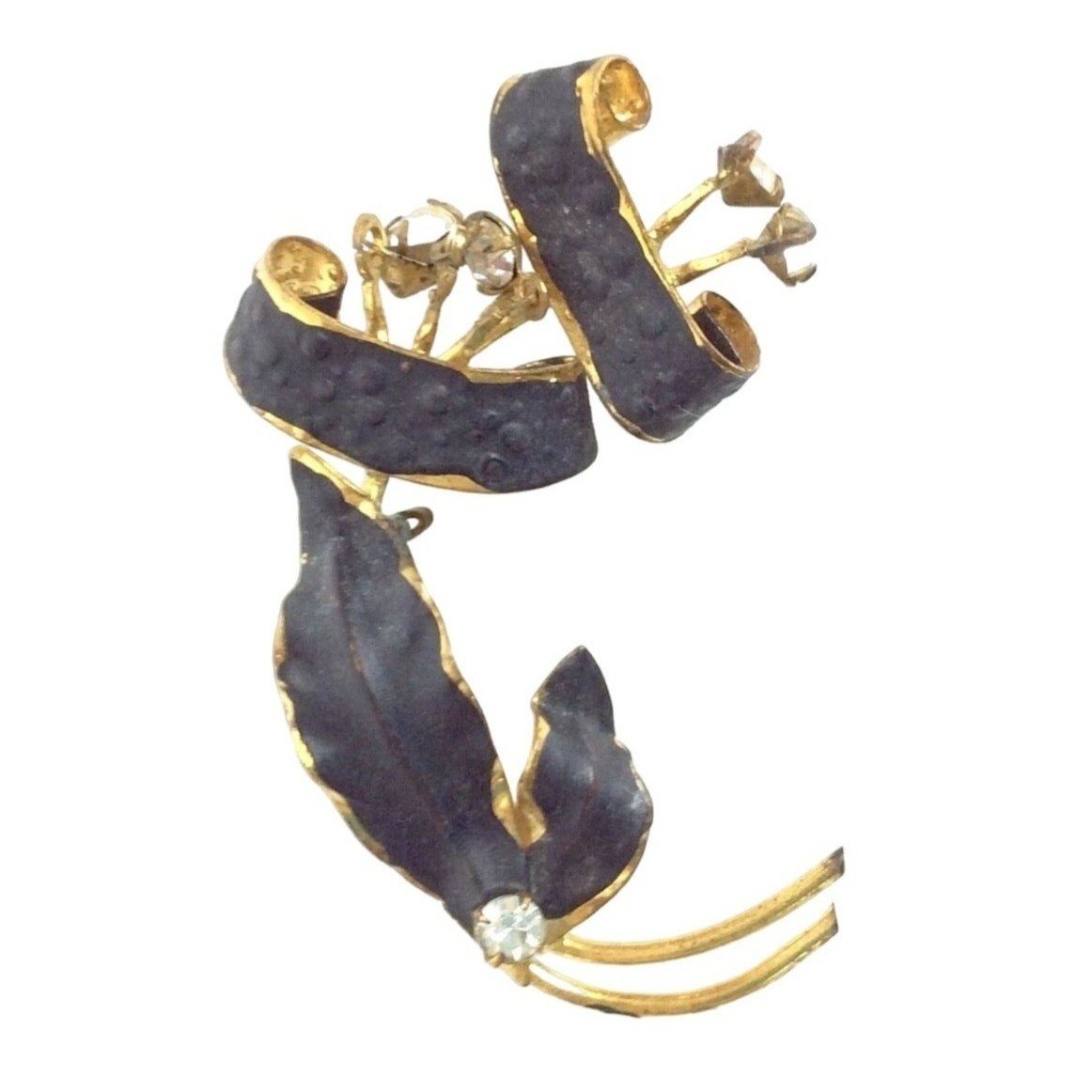 Vintage 1930s-1940s Gold Black Leaf Rhinestone Brooch Pin Made In Australia