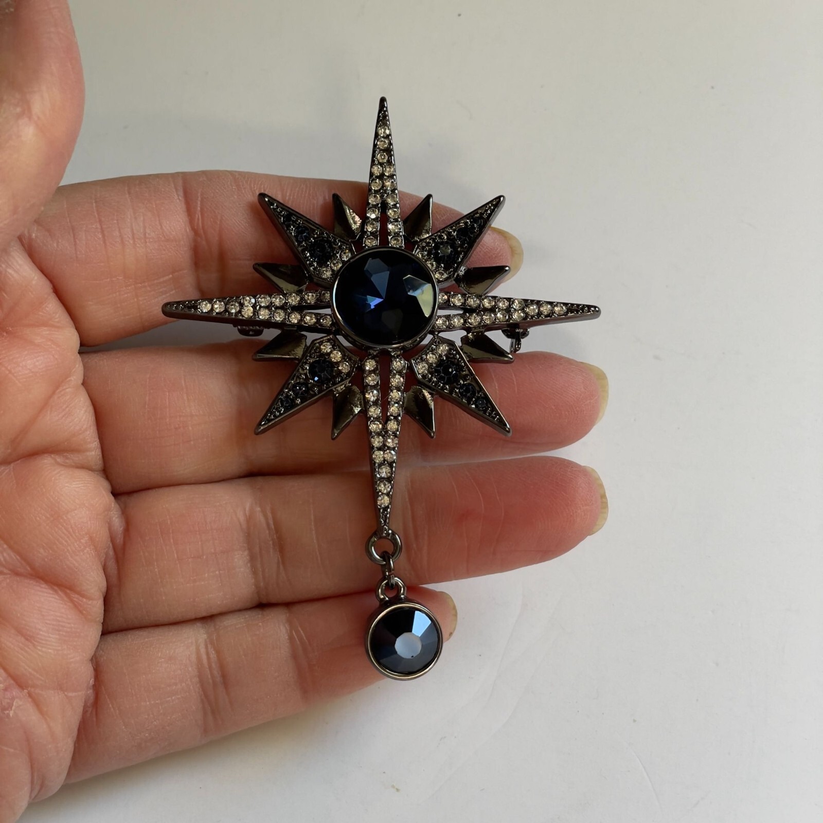 Antique Reproduction Simulated Sapphire Clear Pave Crystal Gunmetal Star Brooch