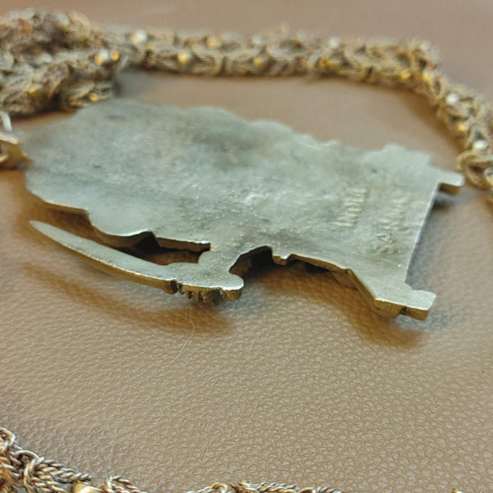 Hindu Goddess Pendant Necklace Long 44′ Vintage Brass Chain Mark India Sarna
