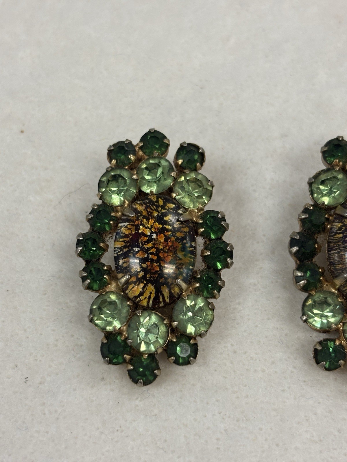 Documented Juliana D&E UV Reactive Art Glass Green Rhinestone Clip Earrings