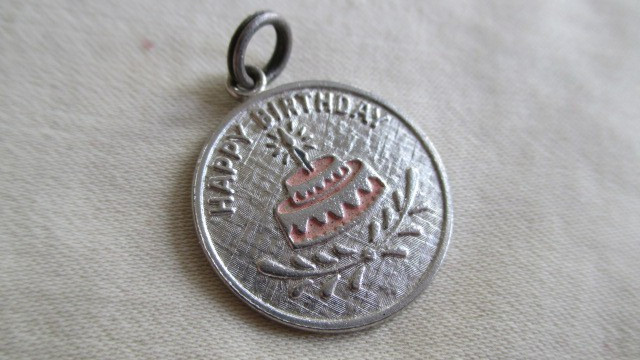 Vtg Sterling Charm Pink Enamel Cake HAPPY BIRTHDAY Disk Signed WELLS