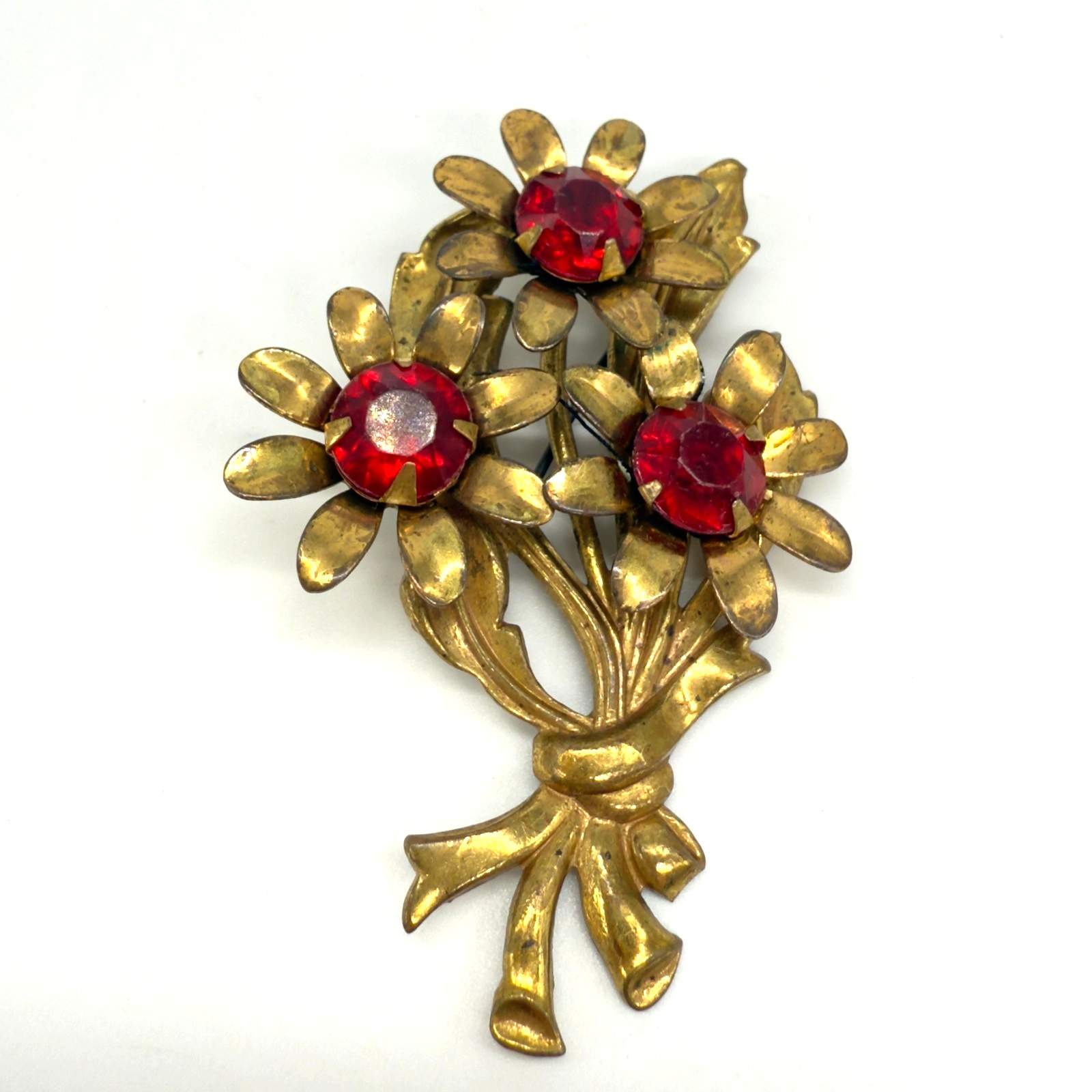 Vintage Flower Brooch Brass Triple Flowers Red Acrylic Center