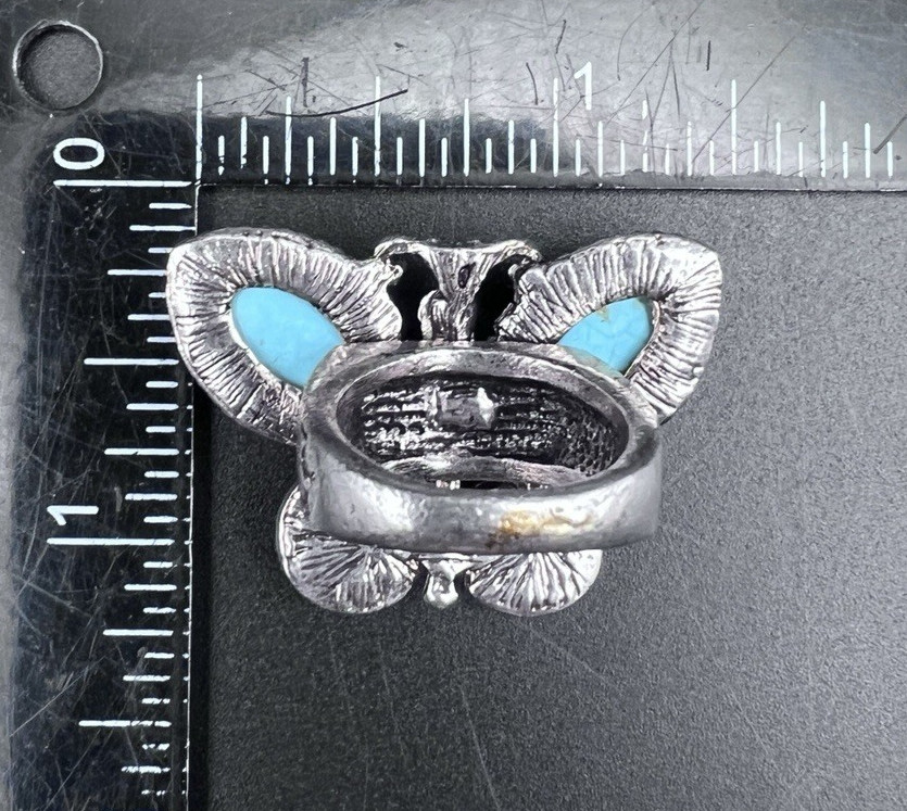 Vintage Butterfly Statement Ring Blue Cabochons Silver Tone Size 6.5