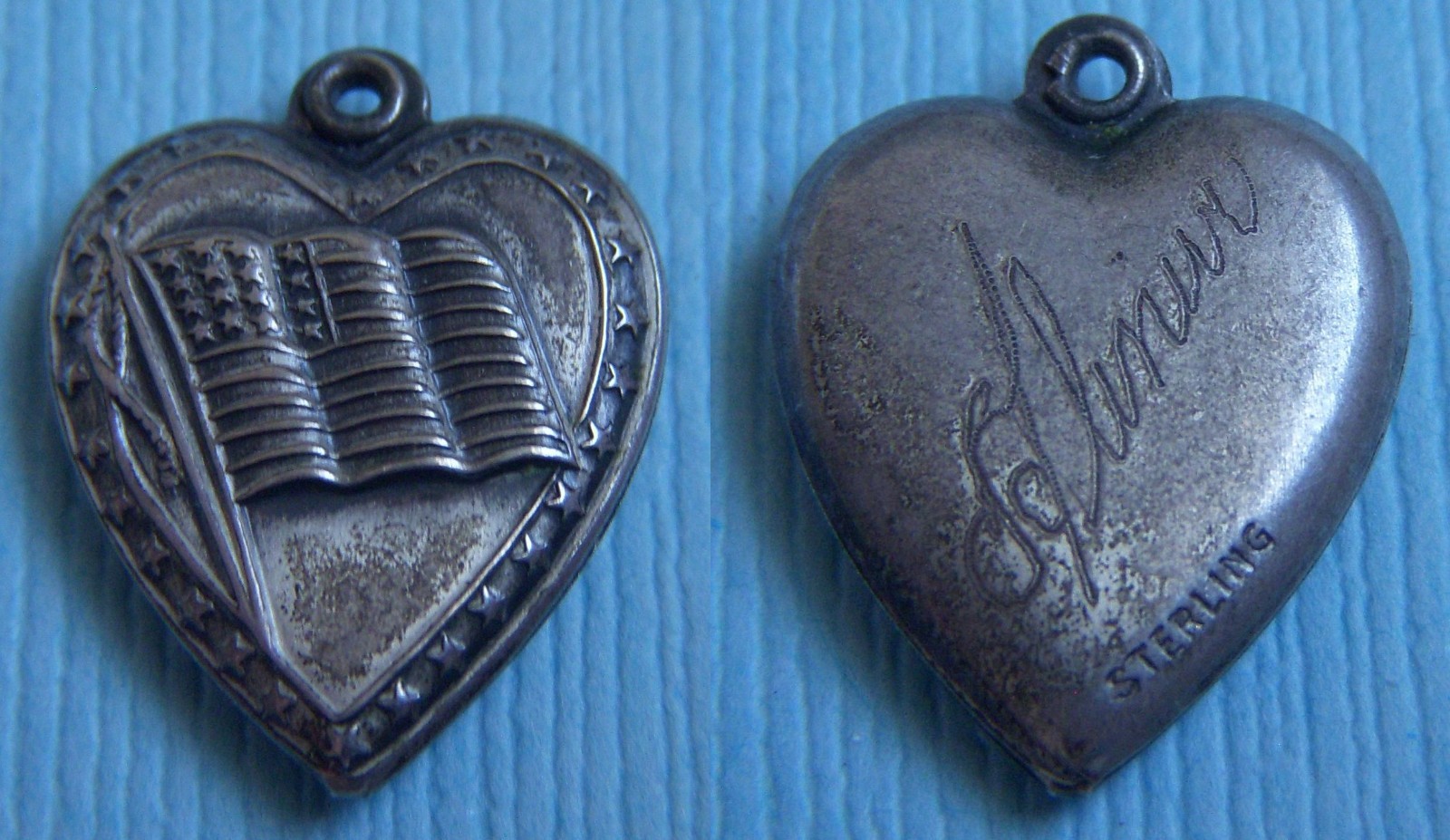 Vintage United States flag puffy heart sterling charm