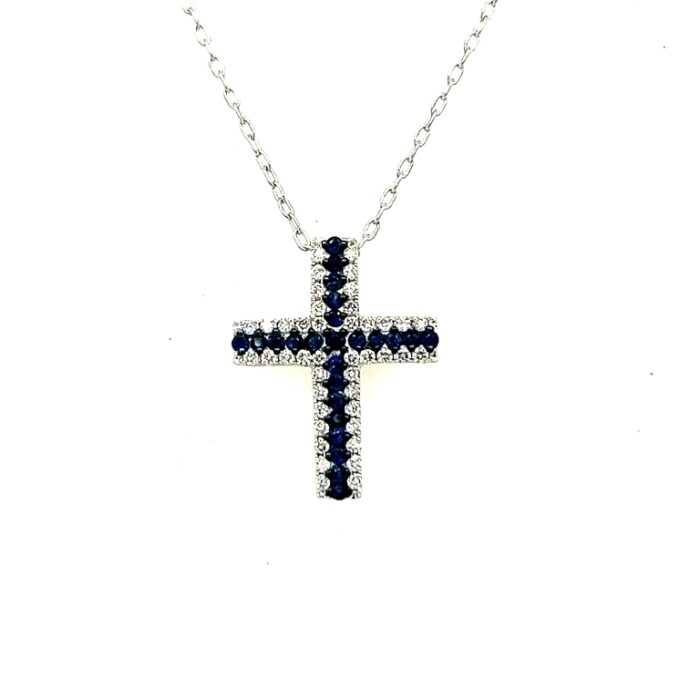 ESTATE .70CT DIAMOND & AAA SAPPHIRE 18KT WHITE GOLD 3D CROSS FLOATING PENDANT