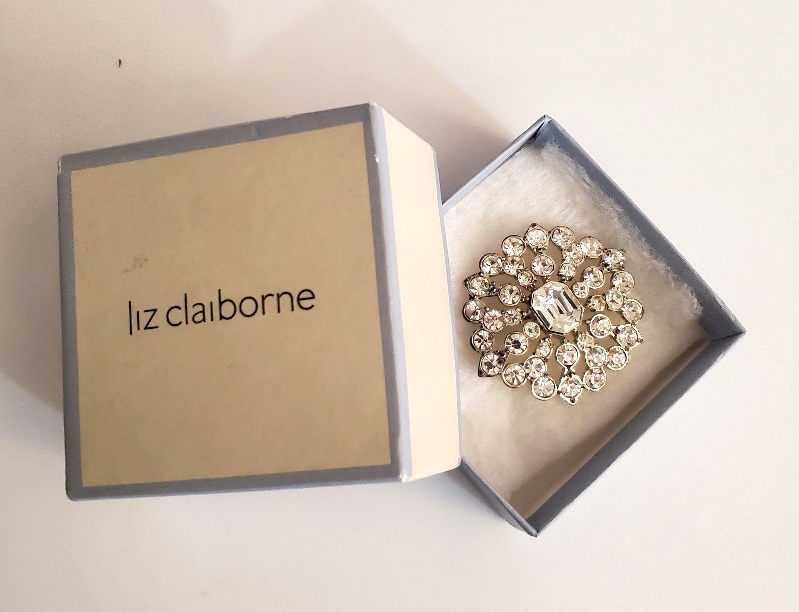 Liz Claiborne Pin Signed LC, 2″ Silver-tone with Clear Rhinestones