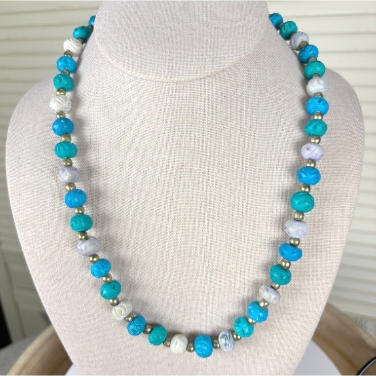 Boho Carved Turquoise Beads Paired with Complementary Colored Gemstones Necklace